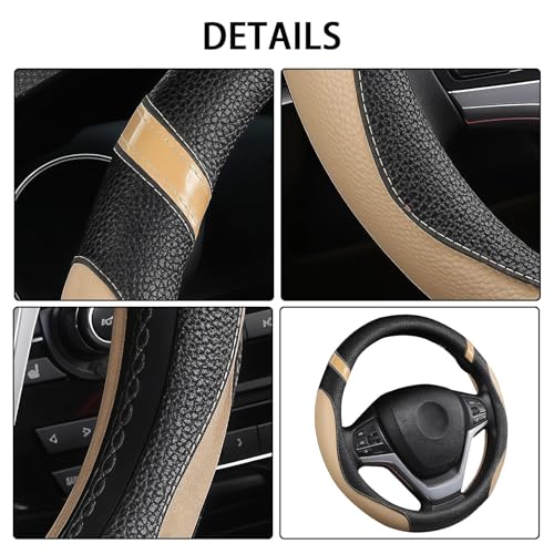 Cxtiy Pickup Truck Steering Wheel Cover – Sporty Fahsion Non-Slip Premium Leather Universal 15.5-16 Inch Steering Wheel Grip Set for Men Women (Beige) - color: Beige
