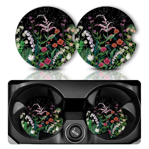 Yonlevres Car Coasters for Cup Holders，2.75" Anti Slip Rubber Mat with A Finger Notch, 2 Pack Car Cup Holder Coasters for Car Interior Accessories for Women Men Flower - color: Flower Floral