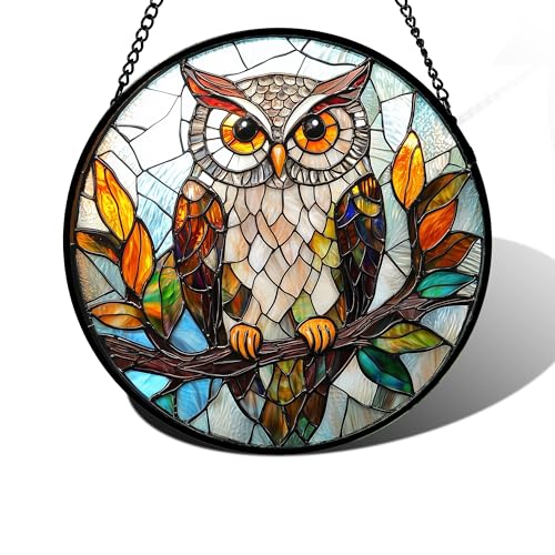 DASTOLL Stained Glass Window Hanging, Owl Colorful Leaves Birds Sun Catchers Diamond Glass Panel Hangings Suncatcher Decor for Birthday for Women, Men, Wife, Aunt, and Mom 9.8 in - color: Brown, size: 9.8x9.8 IN