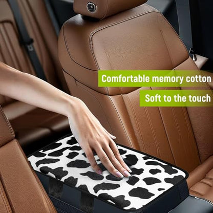 SuperKaKa Car Cow Print Armrest Cover-Cute Center Console Mat Cars Interior Accessories for Women Men,Protection Pad Fit Most Auto,Vehicle, SUV, Truck Arm Rest Box (Cow, Black)