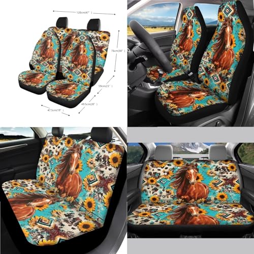 Wanyint Car Seat Cover Full Set 14 Pack, with Steering Wheel Seat Belt Rear View Mirror Center Console Trash Can Coaster Gear Shift Knob Cover Set Universal Fit, Aztec Horse Sunflower Vintage - color: Aztec Horse Sunflower Vintage