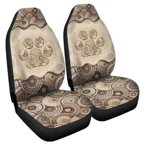 Howilath Brown Boho Mandala Dog Paw Print Seat Covers for Women Men Car Seat Covers, 2pcs Car Accessories High Back Front Seat Covers - color: Brown Boho Mandala Dog Paw