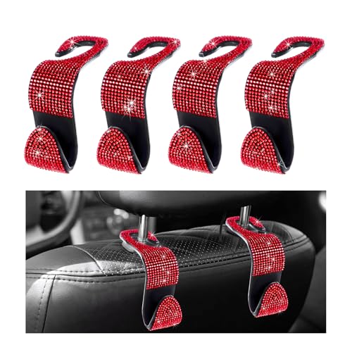 4 PCS Car Seat Headrest Hooks, Bling Crystal Rhinestone Back Seat Hanger Storage Organizer, Sparkly Seatback Holder Hooks for Purse and Bags Universal For Most Vehicles (Red) - color: Red
