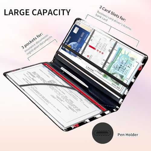 Premium Car Registration and Insurance Card Holder, Cute PU Leather Car Document Holder, Vehicle Glove Box Car Organizer with Magnetic Closure for Driver License, Cards Black Red Flag - color: Black Red Flag