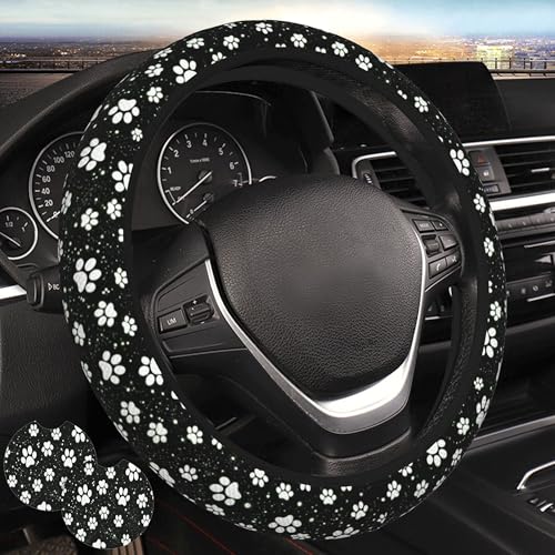 Paw Print Steering Wheel Cover - Black White Dog Paw Steering Wheel Protector Neoprene 15Inch Car Accessories 2 Pcs Car Coasters for Women Men - color: Black White Dog Paw