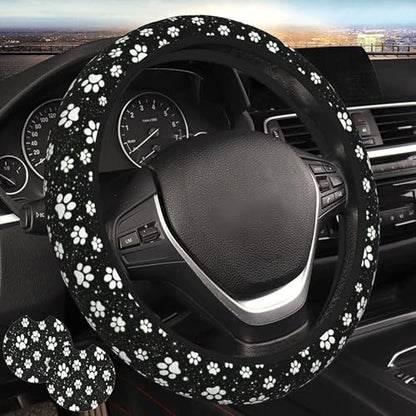 Paw Print Steering Wheel Cover - Black White Dog Paw Steering Wheel Protector Neoprene 15Inch Car Accessories 2 Pcs Car Coasters for Women Men - color: Black White Dog Paw