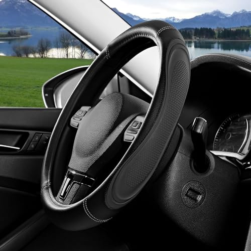 Black Film Splicing Leather Steering Wheel Cover, Microfiber Leather, Anti-Slip, Breathable, Universal Fit for 14.5–15 in Steering Wheel Cover for Men Women - color: Film-Grained - Black