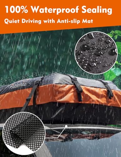 FIVKLEMNZ 21 Cubic Car Rooftop Cargo Carrier Roof Bag Waterproof for All Top of Vehicle with/Without Rack Includes Topper Anti-Slip Mat + Reinforced Straps + 6 Door Hooks + Luggage Lock - size: 21 Cubic Feet