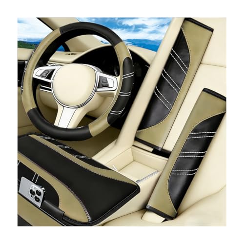 4PCS Car Accessories Set, 14.5-15 Inch Sporty Vehicle Steering Wheel Cover with Anti-Slip Lining, Automotive Interior Center Console Pad Seatbelt Cover, Universal for SUV Sedan Truck (Beige) - color: Beige