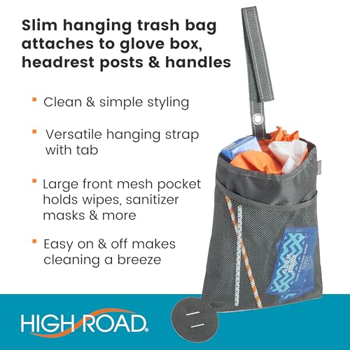 High Road TrimTrash Hanging Car Garbage Bag - Slim and Leakproof Car Trash Bag with Magnetic Closure and Storage Pocket - Attaches to Seat, Glovebox or Console - color: Black