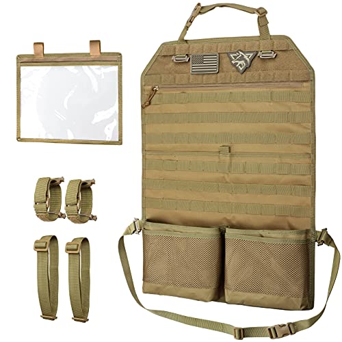 WYNEX Car Seat Organizer, Molle Backseat Cover Organizer Protector with Sling Rack, Visual Pocket and Patch, Universal Vehicle Fits for F150, Jeeps, Pickups & Trucks for Road Trips - color: Khaki