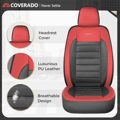 Coverado Car Seat Covers Full Set, Luxury Leather Car Seat Covers, Automotive Front and Rear Mesh Seat Covers, Full Set 5 Seats, Black Red Seat Covers for SUV Sedan Truck - color: Red&Black, size: FullSet
