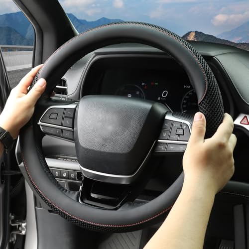 15 Inch Steering Wheel Cover, Cooling Ice Silk，Premium Microfiber Leather Hybrid Design, Anti-Slip Rubber Inner, Breathable, Universal Fit for 14.5-15" Auto Steering Wheels, Black