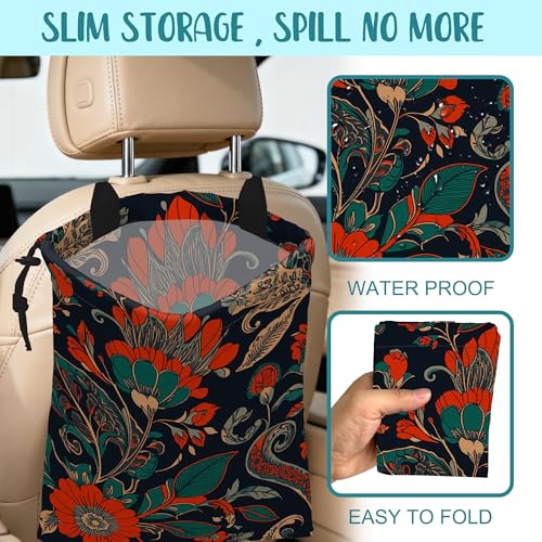 Car Garbage Bag Abstract Red and Green Flowers Hanging Canvas Car Trash Bag Drawstring Car Back Seat Organizer for Car Back Front Seat Console with Adjustable Buckle - color: Abstract Red and Green Flowers