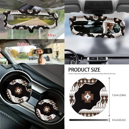 Wanyint Aztec Brown 14 Pack Car Accessories Set, Universal Auto Seat Protector Steering Wheel Cover Seatbelt Strap Pad Trash Can Armrest Cover Pad Cup Holders Rearview Mirror Cover Handbrake Cover Set - color: Southwest Aztec Black Brown