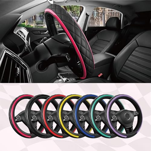 Road Comforts Leather Steering Wheel Cover – Black & Hot Pink, Universal Fit 14.5-15 Inch, Microfiber Leather, Anti-Slip & Breathable Design for Men and Women - color: Hot Pink