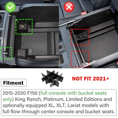 RUNROAD Center Console Organizer Dividers Compatible with Ford F150 2015-2020 (Full Console with Bucket Seats ONLY) Accessories, Insert Tray Divider Armrest ABS Secondary Storage