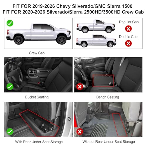 Floor Mats for 2019-2026 Chevy Silverado/GMC Sierra 1500 & 2020-2026 Silverado/Sierra 2500HD/3500HD, Crew Cab Bucket Seat Only (with Rear Underseat Storage Box), TPE All Weather Durable Mats - size: 2019-2026 | For Silverado/ Sierra with Storage
