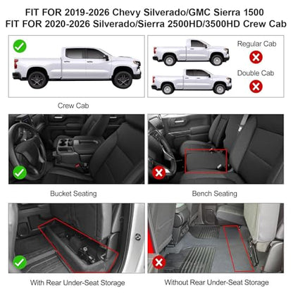Floor Mats for 2019-2026 Chevy Silverado/GMC Sierra 1500 & 2020-2026 Silverado/Sierra 2500HD/3500HD, Crew Cab Bucket Seat Only (with Rear Underseat Storage Box), TPE All Weather Durable Mats - size: 2019-2026 | For Silverado/ Sierra with Storage