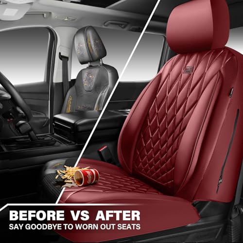 CAR PASS Piping Luxury Faux PU Leather Two Front Car Seat Covers, Waterproof Anti Slip Premium Automotive Seat Covers,Universal Fit for Suvs,Vans,Trucks, Armrest Airbag Compatible, Burgundy Red - color: All Red Burgundy, size: Two Front
