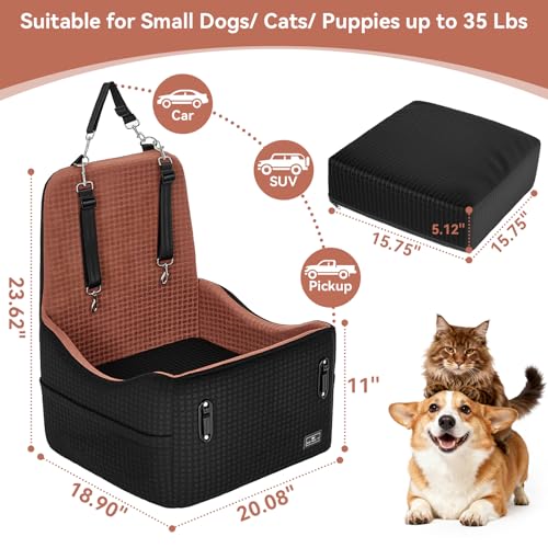 PETSFIT Dog Car Seat for Small/Medium Dogs Up to 35 lbs – Patented Safety System, 5" Memory Foam Pet Booster Car Seat, Fully Detachable and Washable Dog Carseat with 2 Storage Pockets (Black/Brown) - color: Black/Brown