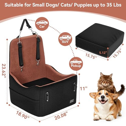 PETSFIT Dog Car Seat for Small/Medium Dogs Up to 35 lbs – Patented Safety System, 5" Memory Foam Pet Booster Car Seat, Fully Detachable and Washable Dog Carseat with 2 Storage Pockets (Black/Brown) - color: Black/Brown