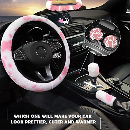 JINGSEN11 Pieces Fluffy Car Accessories Set,Fluffy Cow Print Plush Steering Wheel Covers for Women Soft Fleece Handbrake Cover Shift Cover Car Trim Warm Non-Slip(Pink) - size: pink