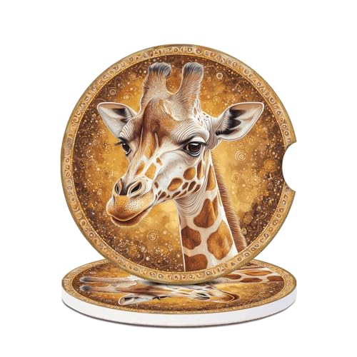 Giraffe Car Coasters for Cup Holders, 2 Pack Absorbent Ceramic Animals Car Cup Coasters Interior Accessories 2.56 Inch for Women Men - color: Giraffe