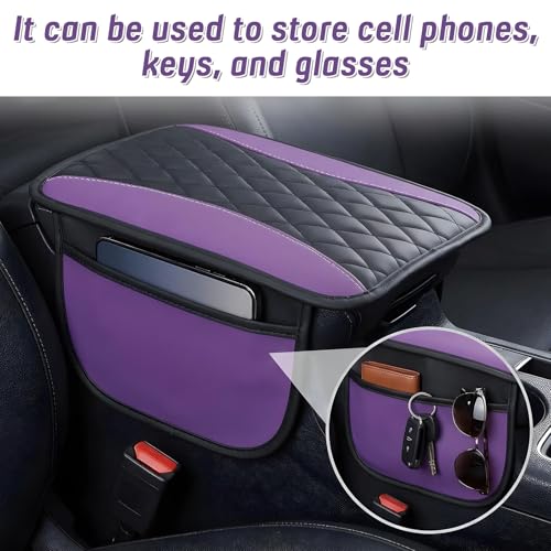 Car Console Covers, Purple Cars Arm Rest Cover Accessories for Women Universal PU Leather Car Armrest Cushion with 2 Storage Pocket for Cars Seats Organizer