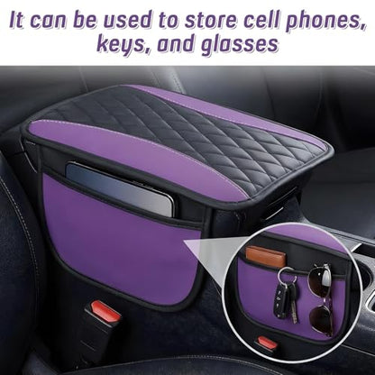 Car Console Covers, Purple Cars Arm Rest Cover Accessories for Women Universal PU Leather Car Armrest Cushion with 2 Storage Pocket for Cars Seats Organizer