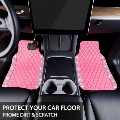 NBTEPEM Pink Bling Leather Car Floor Mats Full Set, Sparkly Diamond Car Mats Universal Fit Most Automotive, Glitter Rhinestone Carpet Waterproof Anti-Slip, 5 pcs Set (Pink Leather Diamond) - color: Pink Leather Diamond