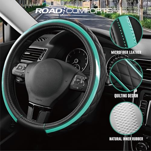 Road Comforts Leather Steering Wheel Cover – Black & Green Universal Fit 14.5-15 Inch, Microfiber Leather, Anti-Slip & Breathable Design for Men and Women - color: Green