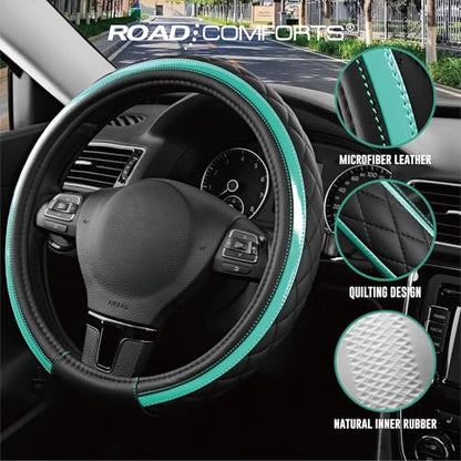 Road Comforts Leather Steering Wheel Cover – Black & Green Universal Fit 14.5-15 Inch, Microfiber Leather, Anti-Slip & Breathable Design for Men and Women - color: Green