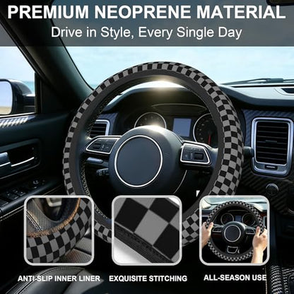 Chessboard Steering Wheel Cover,Black Grey Checkered Universal 15" Elastic Car Steering Wheel Cover with 2 PCS Car Coasters,Anti-Slip Breathable Accessories for Auto,SUVs,Truck - color: Chessboard
