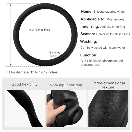 DXNQ Car Steering Wheel Cover, 13 to 14.17 inches Anti-Slip Silicone Steering Wheel Protector, Soft Flexible Shock-Absorbent Steering Wheel Protective Cover for Most Car Models (Black) - color: Black