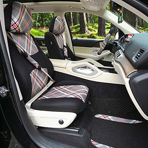 FH Group Full Set Plaid Print Cloth Car Seat Covers Combo Set with Carpet Floor Mats, Universal Fit, Washable Seat Cover for SUV, Sedan, Beige - color: Beige