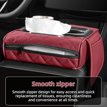 5 in 1 Car Center Console Cover, Armrest Pad with 2 Storage Pockets, Cup Holder, Tissue Slot, Phone Holder, Nappa Leather Memory Foam Car Accessories for SUV Sedan Truck (Burgundy)