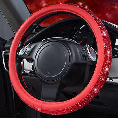 CAR PASS Bling Diamond Leather Steering Wheel Cover, with Bling Sparkly Crystal Glitter Rhinestones Universal Fit 14" 1/2-15" Car Wheel Protect for Women Girl Fit Suvs,Vans,Sedans,Cars,Trucks, Red - color: Red Diamond on Velvet