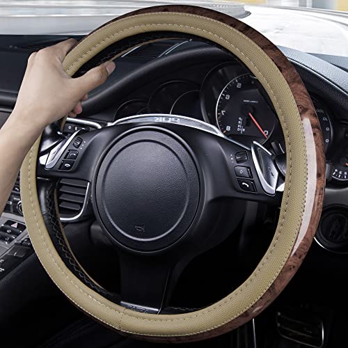 CAR PASS Wood Grain 14.5-15 inch Microfiber Leather Steering Wheel Cover, Anti-Slip Veins Design Steering Wheel Universal Fit for Most Cars, Sedans, SUV， Beige - color: beige