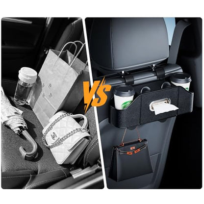 7-in-1 Car Seat Organizer with Cup Holders, Trash Can, Tissue Dispenser & Hooks, Multifunctional Headrest Storage for Backseat, Travel Essentials for Family Car Trips (Black)