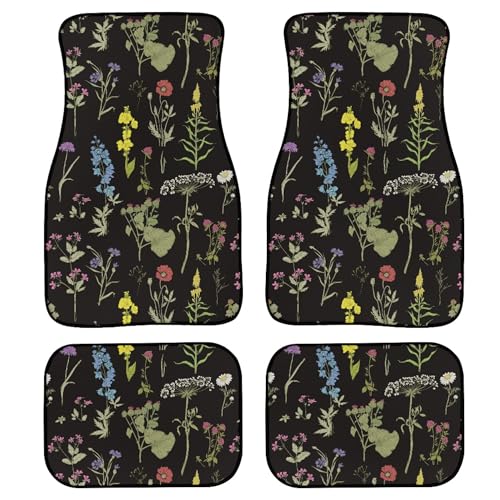 Vintage Wildflower Car Floor MatsMulticolored Flower Plant Sage Green Leaves on Black Floor mats for Cars Universal Front Rear Vehicle Foot Rugs Botanical Floral Car Accessories for Trucks - color: Yellow Green Black