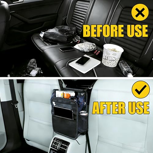 Car Purse Holder Between Seats, PU Leather Front Seat Storage Bag with Tissue Holder, Multi-Pocket Car Organizer with Touch Screen Phone Holder Cup Holders Mesh Pockets, Universal Fit for SUV Sedan