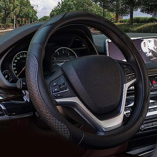 Valleycomfy Leather Steering Wheel Covers Universal 15.75 inch -Breathable, Anti Slip & Odor Free (Black with Black Lines,L(15" 1/2-16")) - color: Black, size: L(15"1/2-16")
