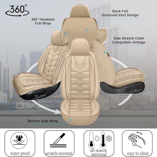 Seat Covers Fit for Nissan Pathfinder 2011-2024 2025 2026 2PCS Front Car Seat Covers Faux Leather Seat Cushion Waterproof Auto Protectors(Beige)-2 Front Seat Covers