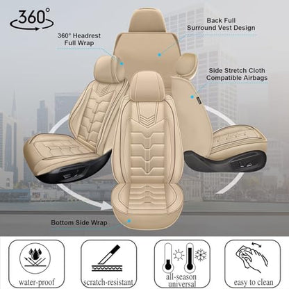 Seat Covers Fit for Nissan Pathfinder 2011-2024 2025 2026 2PCS Front Car Seat Covers Faux Leather Seat Cushion Waterproof Auto Protectors(Beige)-2 Front Seat Covers
