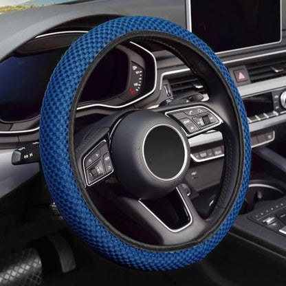 KAFEEK Elastic Stretch Steering Wheel Cover 15 Inch, Breathable Ice Silk Microfiber, Non-Slip Grip, Warm in Winter and Cool in Summer, Odorless, Car Accessories Fit Cars, SUVs, Light Blue - color: blue