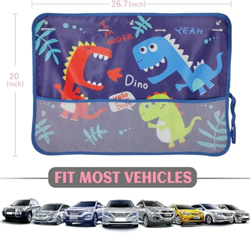 Car Window Shade for Baby, 2 Pack Car Sun Shades with Storage Net Pocket Auto Window Curtain 7 Suction Cups Blue Dinosaurs for Sun/Heat/UV Rays Protection Kids - color: Blue Dino-2pcs