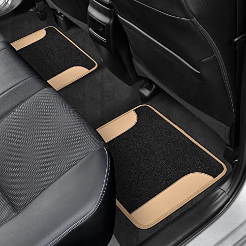 PU Leather Car Seat Covers w/Two-Tone Carpet/Vinyl Trim Car Floor Mats – Front and Back Split Bench Seat Covers, Steering Wheel Cover, Floor Mats(Black/Beige) - color: Beige