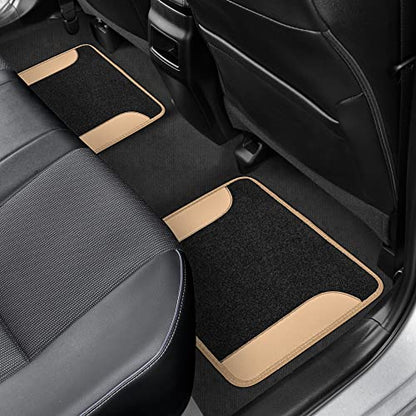 PU Leather Car Seat Covers w/Two-Tone Carpet/Vinyl Trim Car Floor Mats – Front and Back Split Bench Seat Covers, Steering Wheel Cover, Floor Mats(Black/Beige) - color: Beige
