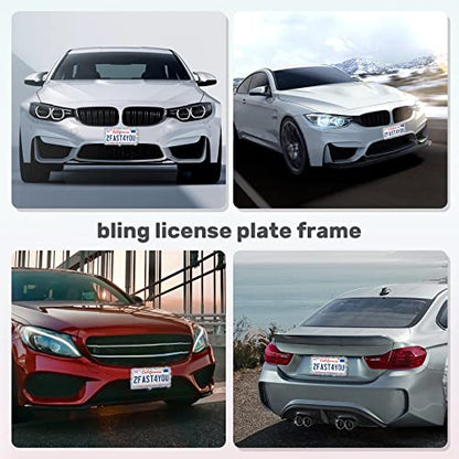 QUANQIUFEI 2 Pack Bling License Plate Frames, Sparkly Rhinestone Diamond Car License Plate Cover for Women, Stainless Steel Car Accessories with Glitter Crystal Caps (Colorful)